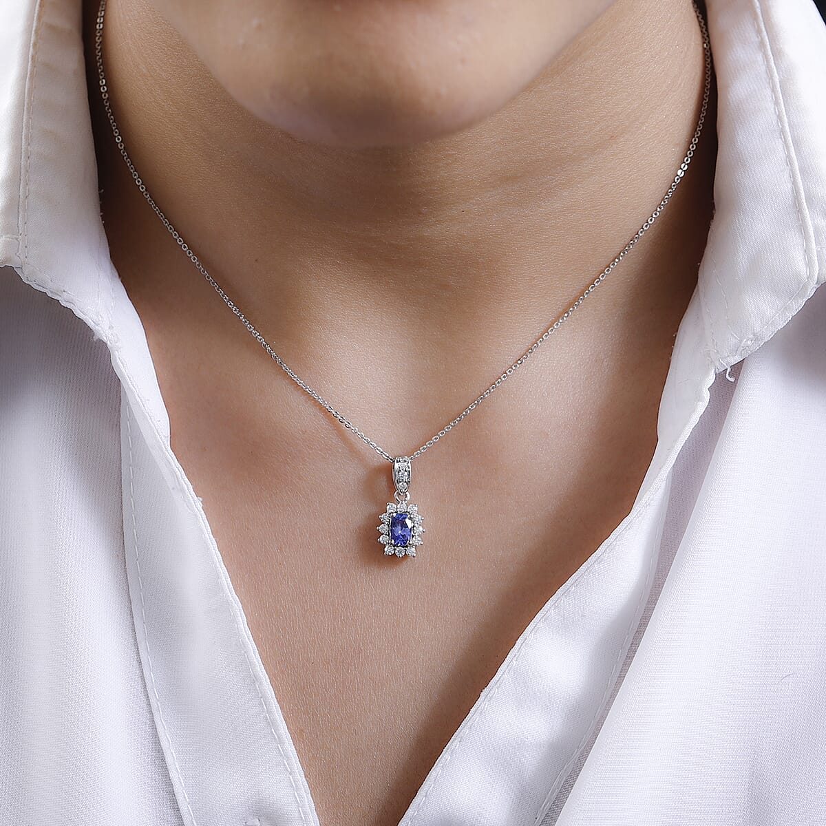 Tanzanite and Moissanite Sunburst Pendant Necklace 20 Inches in Platinum Over Sterling Silver 0.90 ctw image number 2