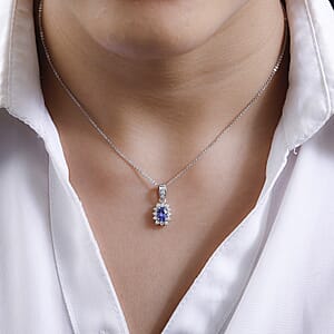 Tanzanite and Moissanite Sunburst Pendant Necklace 20 Inches in Platinum Over Sterling Silver 0.90 ctw