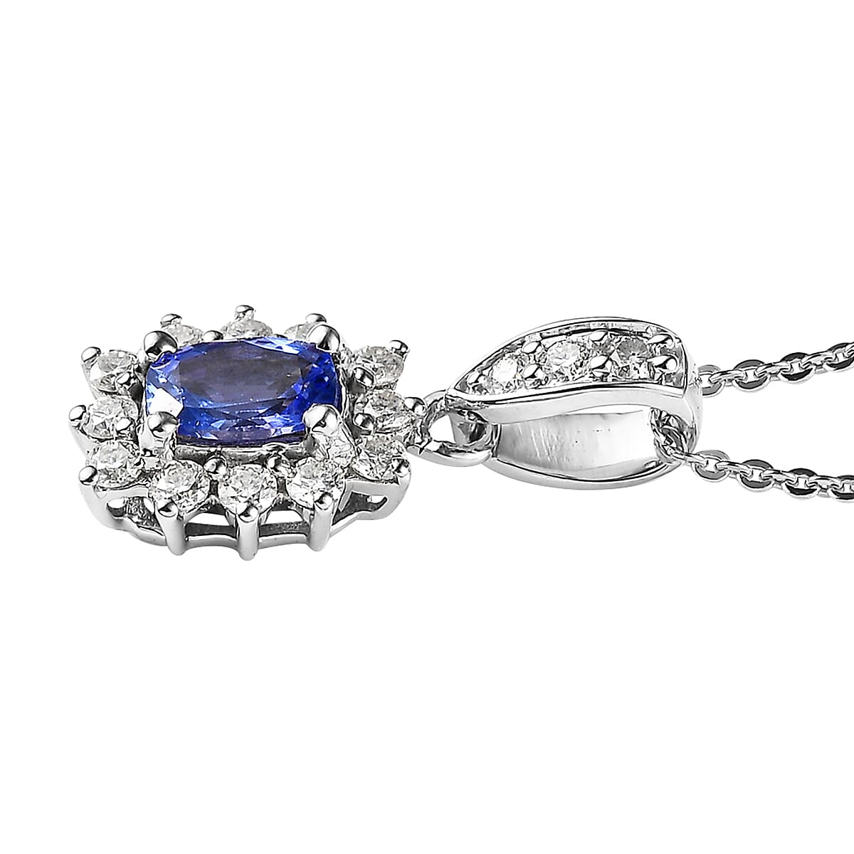 Tanzanite and Moissanite Sunburst Pendant Necklace 20 Inches in Platinum Over Sterling Silver 0.90 ctw image number 3