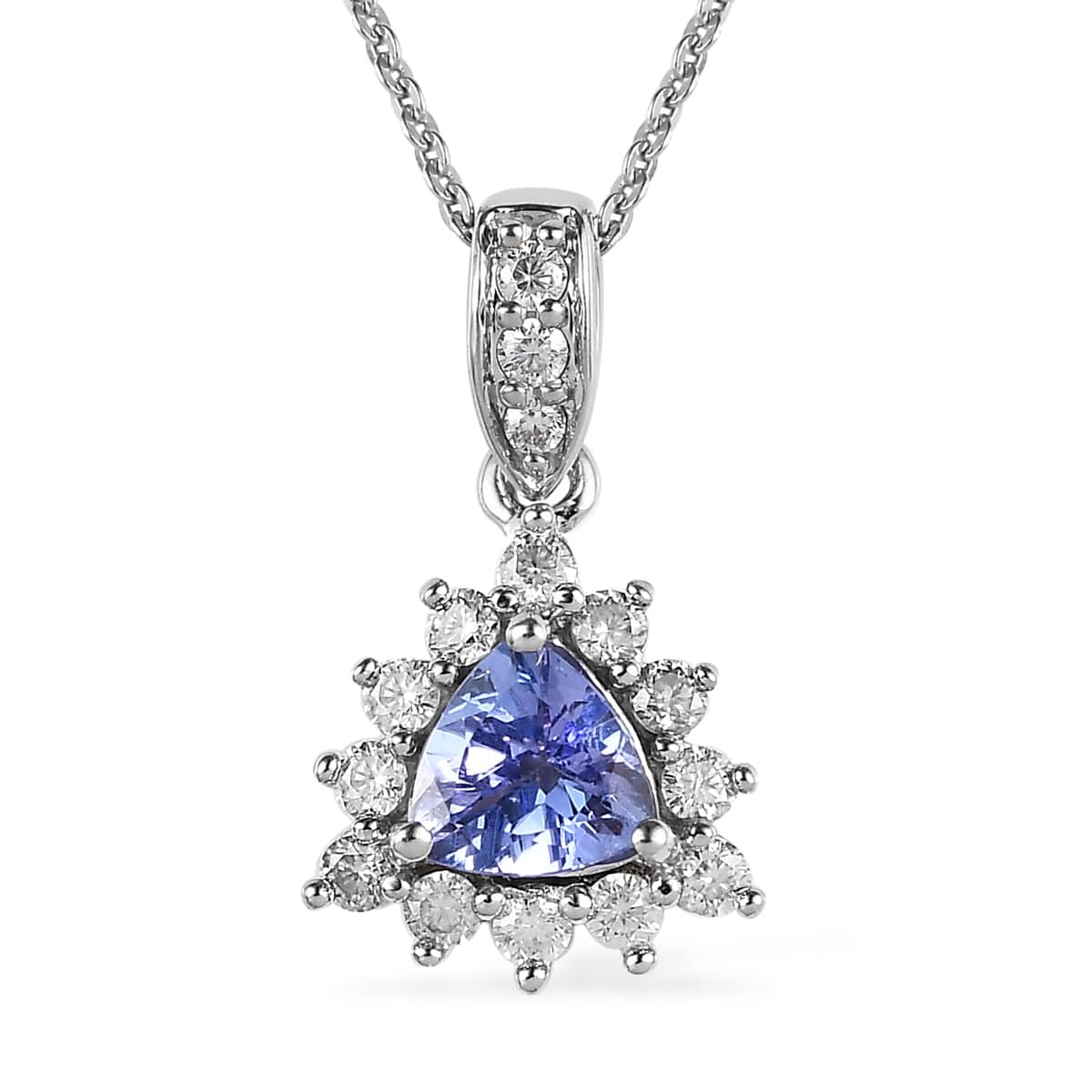 Tanzanite and Moissanite Sunburst Pendant Necklace 20 Inches in Platinum Over Sterling Silver 0.90 ctw image number 0