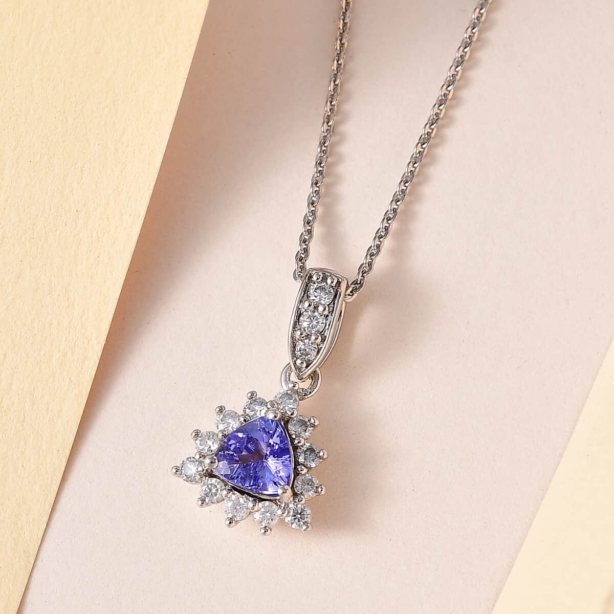 Tanzanite and Moissanite Sunburst Pendant Necklace 20 Inches in Platinum Over Sterling Silver 0.90 ctw image number 1