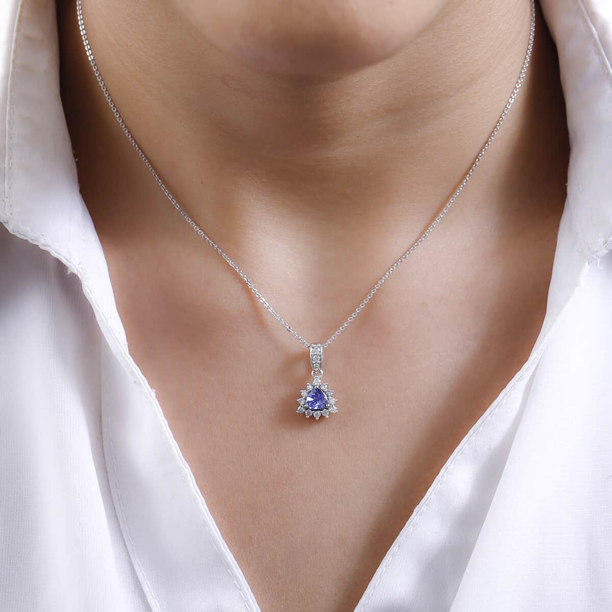 Tanzanite and Moissanite Sunburst Pendant Necklace 20 Inches in Platinum Over Sterling Silver 0.90 ctw image number 2