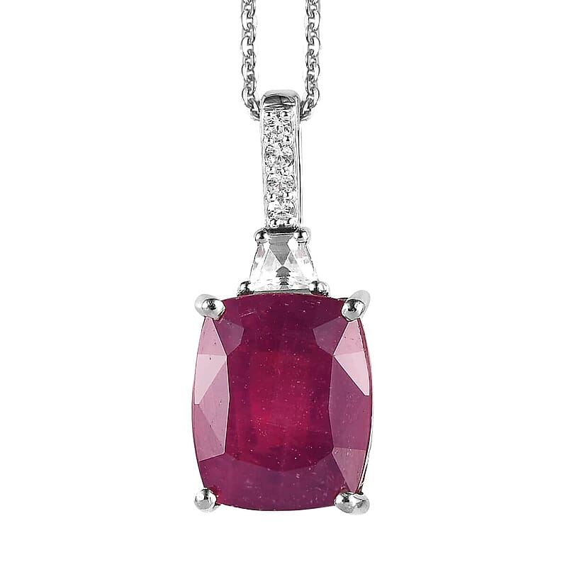 Niassa Ruby (FF) and White Zircon Pendant Necklace 20 Inches in Platinum Over Sterling Silver 8.65 ctw