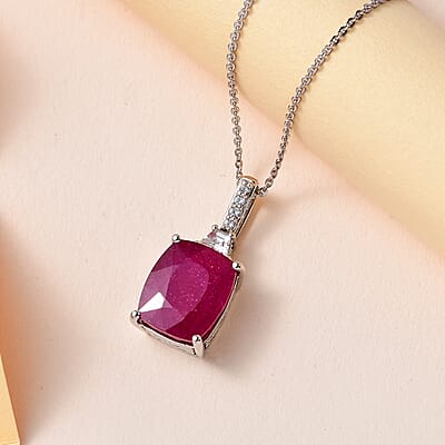 Niassa Ruby (FF) and White Zircon Pendant Necklace 20 Inches in Platinum Over Sterling Silver 8.65 ctw
