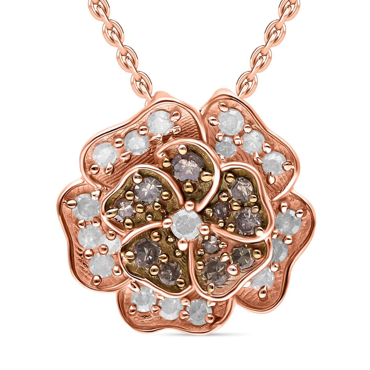 Natural Champagne and White Diamond Floral Pendant Necklace 18 Inches in Vermeil Rose Gold Over Sterling Silver 0.33 ctw image number 0