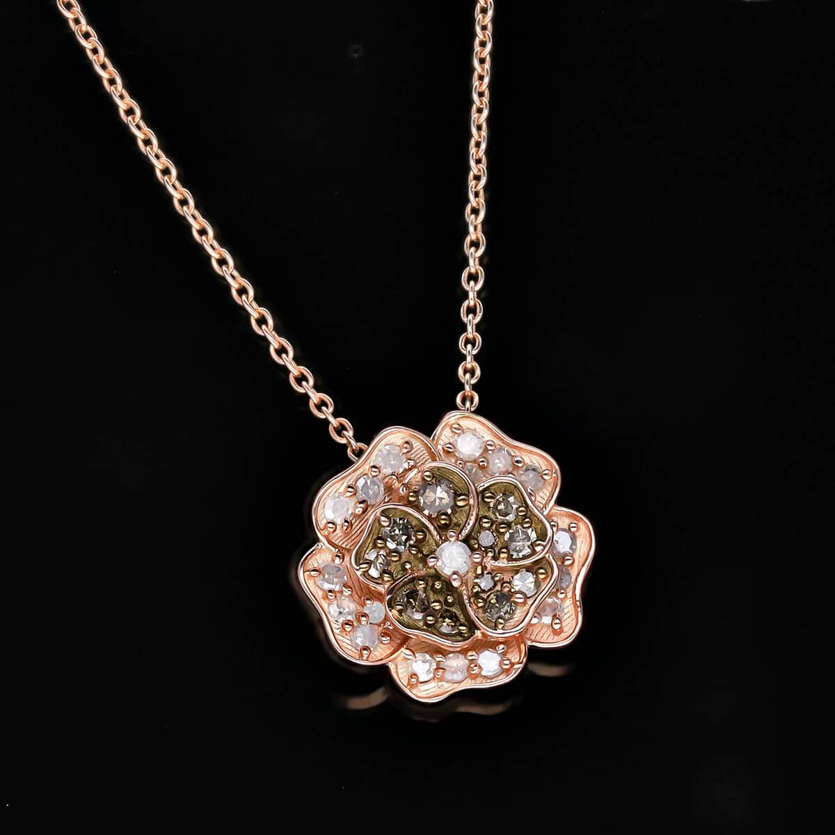 Natural Champagne and White Diamond Floral Pendant Necklace 18 Inches in Vermeil Rose Gold Over Sterling Silver 0.33 ctw image number 1