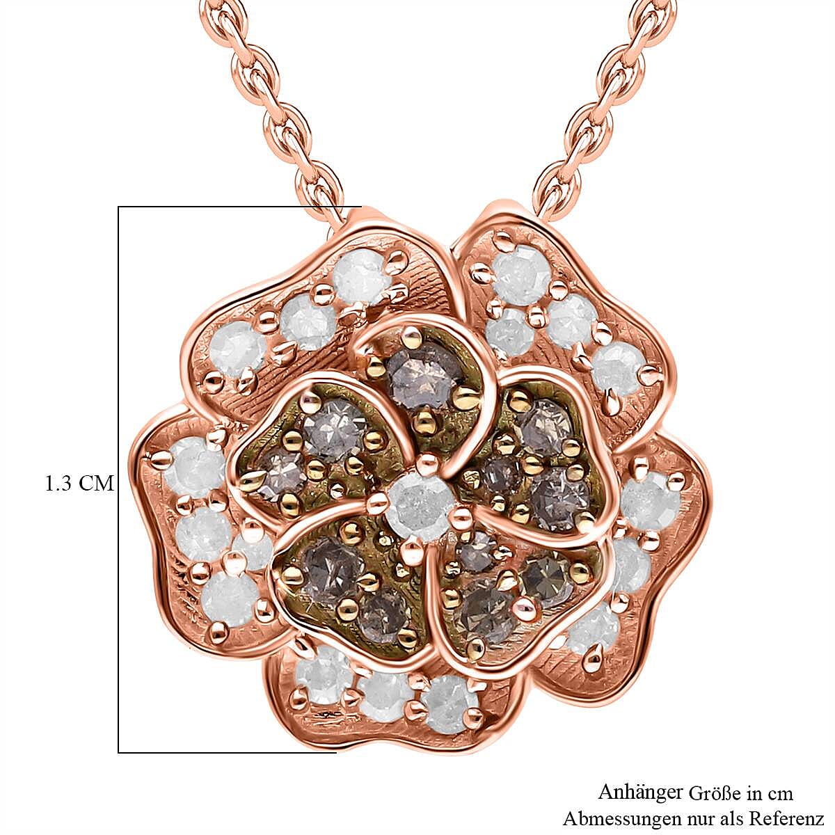 Natural Champagne and White Diamond Floral Pendant Necklace 18 Inches in Vermeil Rose Gold Over Sterling Silver 0.33 ctw