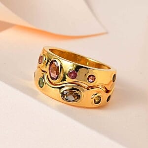 Multi-Tourmaline 0.95 ctw Set of 2 Ring in 14K YG Over Sterling Silver (Size 9)
