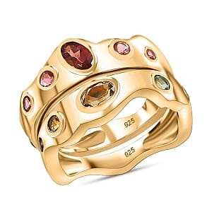 Multi-Tourmaline 0.95 ctw Set of 2 Ring in 14K YG Over Sterling Silver (Size 9)