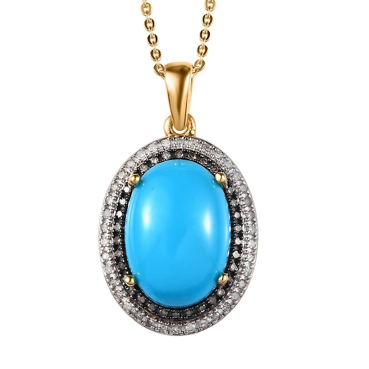 Sleeping Beauty Turquoise, Natural Champagne and White Diamond Halo Pendant Necklace 20 Inches in Vermeil Yellow Gold Over Sterling Silver 5.50 ctw image number 0