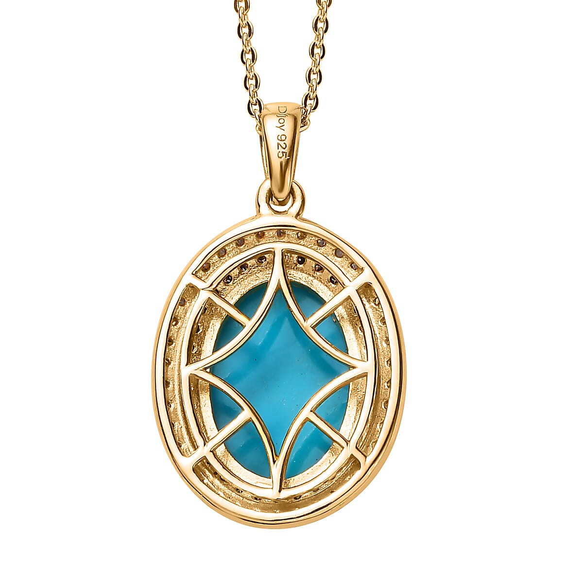 Sleeping Beauty Turquoise, Natural Champagne and White Diamond Halo Pendant Necklace 20 Inches in Vermeil Yellow Gold Over Sterling Silver 5.50 ctw