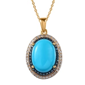 Sleeping Beauty Turquoise, White and Blue Diamond Halo Pendant Necklace 20 Inches in Vermeil Yellow Gold Over Sterling Silver 5.50 ctw