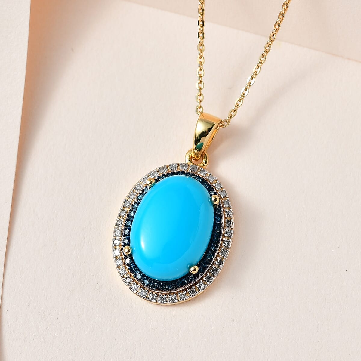 Sleeping Beauty Turquoise, White and Blue Diamond Halo Pendant Necklace 20 Inches in Vermeil Yellow Gold Over Sterling Silver 5.50 ctw image number 1