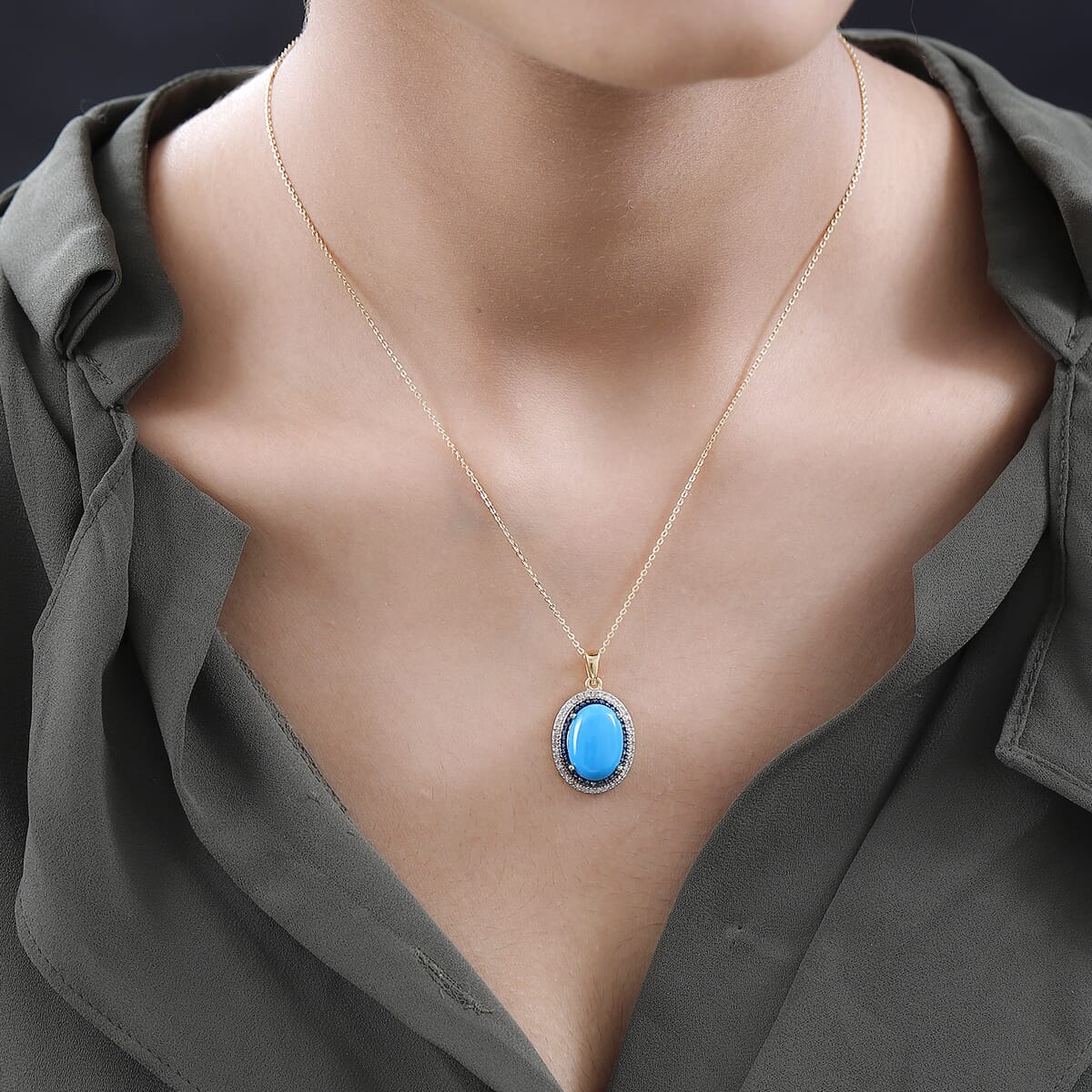 Sleeping Beauty Turquoise, White and Blue Diamond Halo Pendant Necklace 20 Inches in Vermeil Yellow Gold Over Sterling Silver 5.50 ctw image number 2
