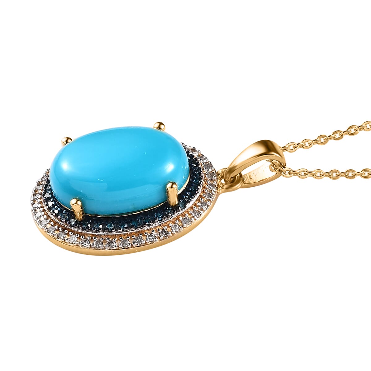 Sleeping Beauty Turquoise, White and Blue Diamond Halo Pendant Necklace 20 Inches in Vermeil Yellow Gold Over Sterling Silver 5.50 ctw image number 3