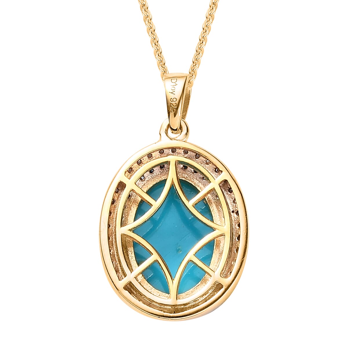 Sleeping Beauty Turquoise, White and Blue Diamond Halo Pendant Necklace 20 Inches in Vermeil Yellow Gold Over Sterling Silver 5.50 ctw image number 4
