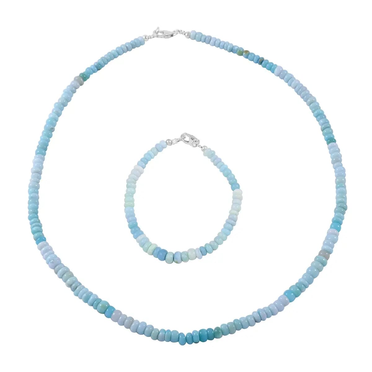 Enhanced Blue Opal Beaded Necklace 18 Inches and Bracelet 7.25In in Rhodium Over Sterling Silver 100.00 ctw image number 0