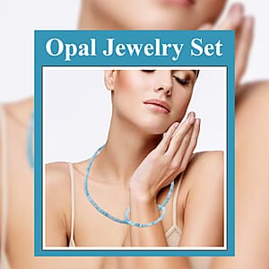 Enhanced Blue Opal Beaded Necklace And Bracelet Set, Blue Opal Jewelry Set, 18 Inch Bead Necklace, 7.25 Inch Bead Bracelet, Rhodium Over Sterling Silver Jewelry Set 100.00 ctw