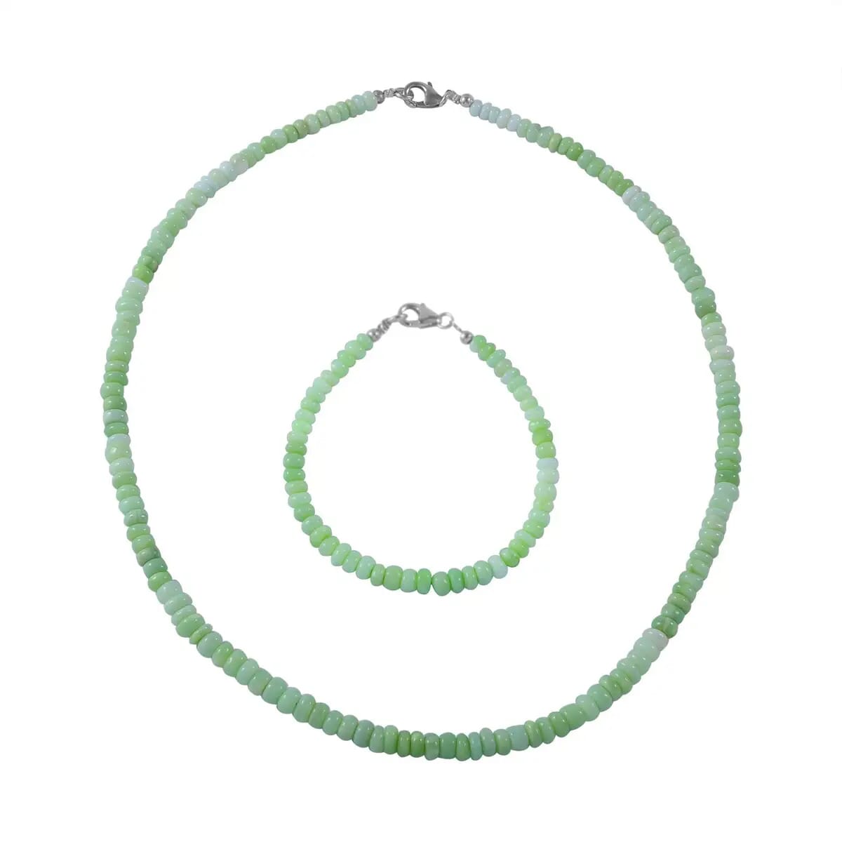 Enhanced Green Opal 100.00 ctw Beaded Necklace (18 Inches) and Bracelet (7.25In) in Rhodium Over Sterling Silver image number 0