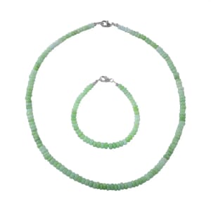 Enhanced Green Opal 100.00 ctw Beaded Necklace (18 Inches) and Bracelet (7.25In) in Rhodium Over Sterling Silver