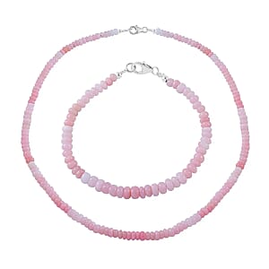 Enhanced Pink Opal 100.00 ctw Beaded Necklace 18 Inches and Bracelet (7.25In) in Rhodium Over Sterling Silver