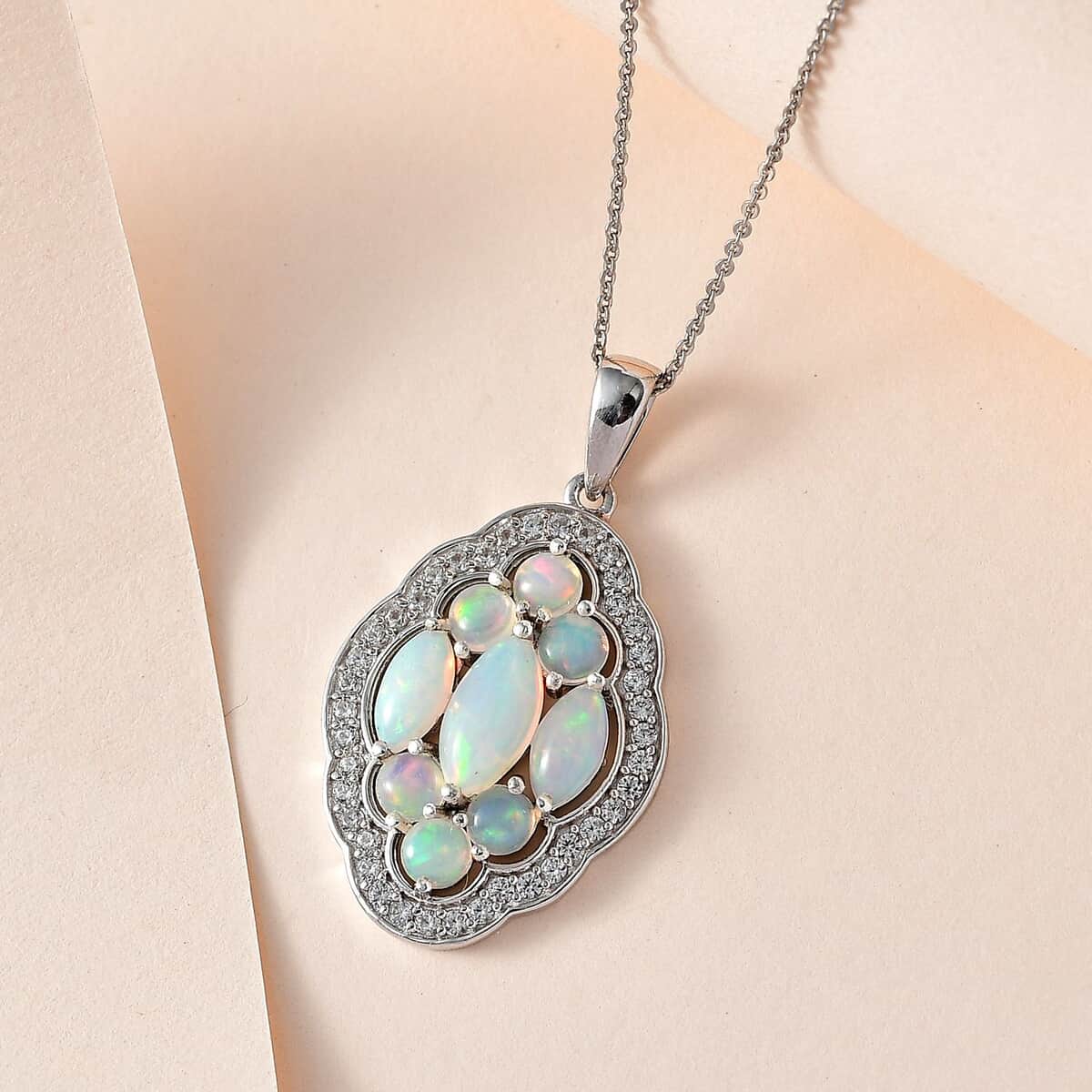 Premium Ethiopian Welo Opal and White Zircon Pendant Necklace 20 Inches in Platinum Over Sterling Silver 3.40 ctw image number 1