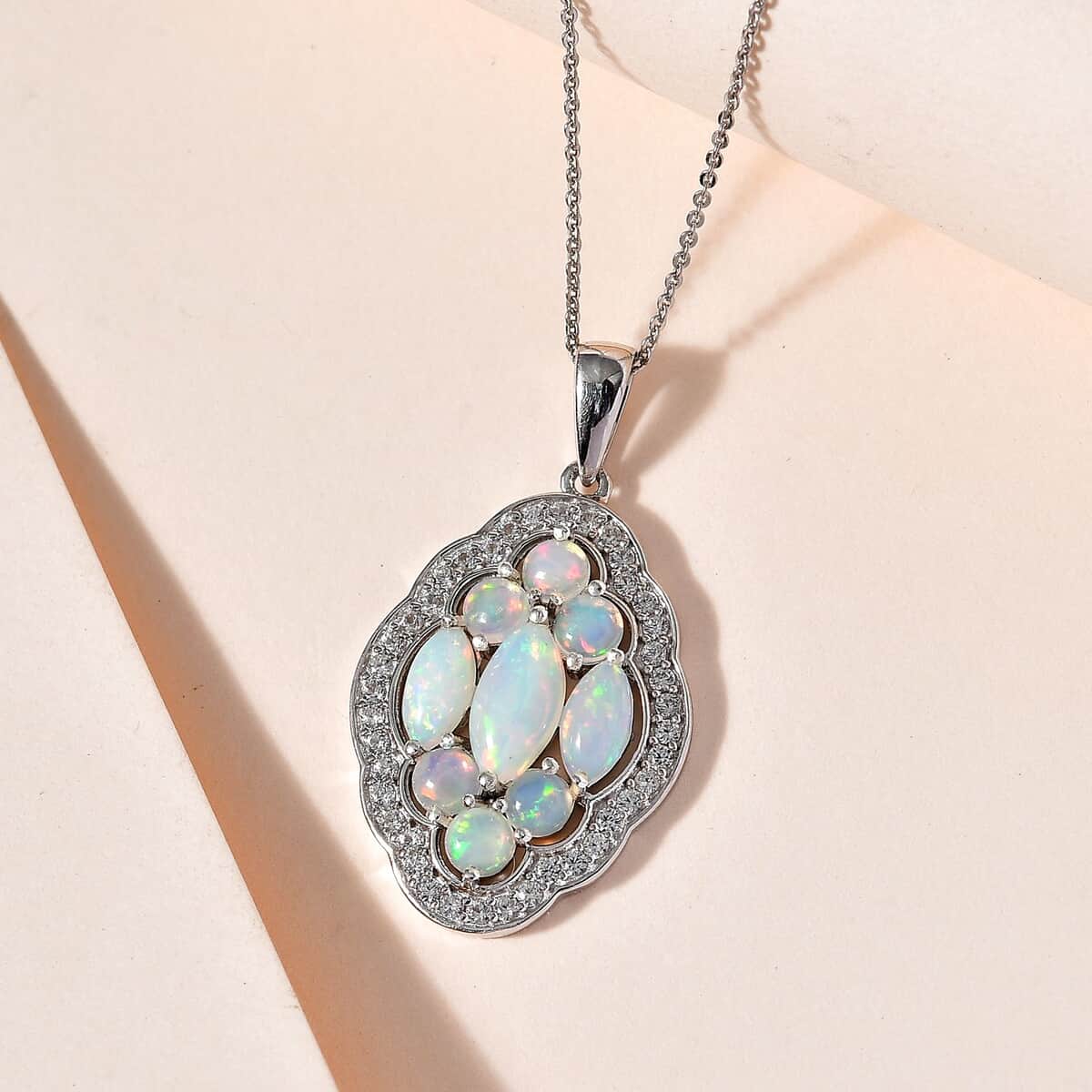 Premium Ethiopian Welo Opal and White Zircon Pendant Necklace 20 Inches in Platinum Over Sterling Silver 3.40 ctw image number 2