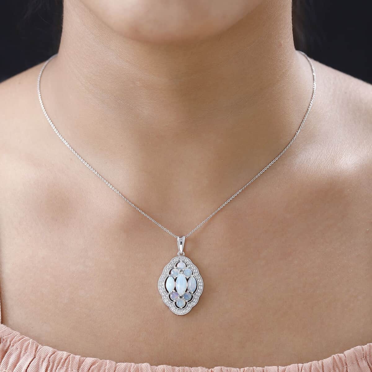 Premium Ethiopian Welo Opal and White Zircon Pendant Necklace 20 Inches in Platinum Over Sterling Silver 3.40 ctw image number 3