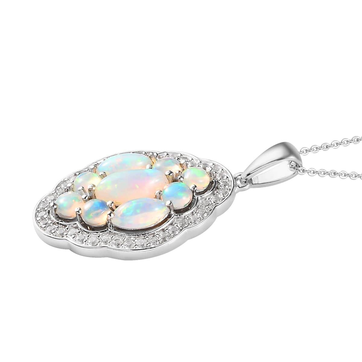 Premium Ethiopian Welo Opal and White Zircon Pendant Necklace 20 Inches in Platinum Over Sterling Silver 3.40 ctw image number 4