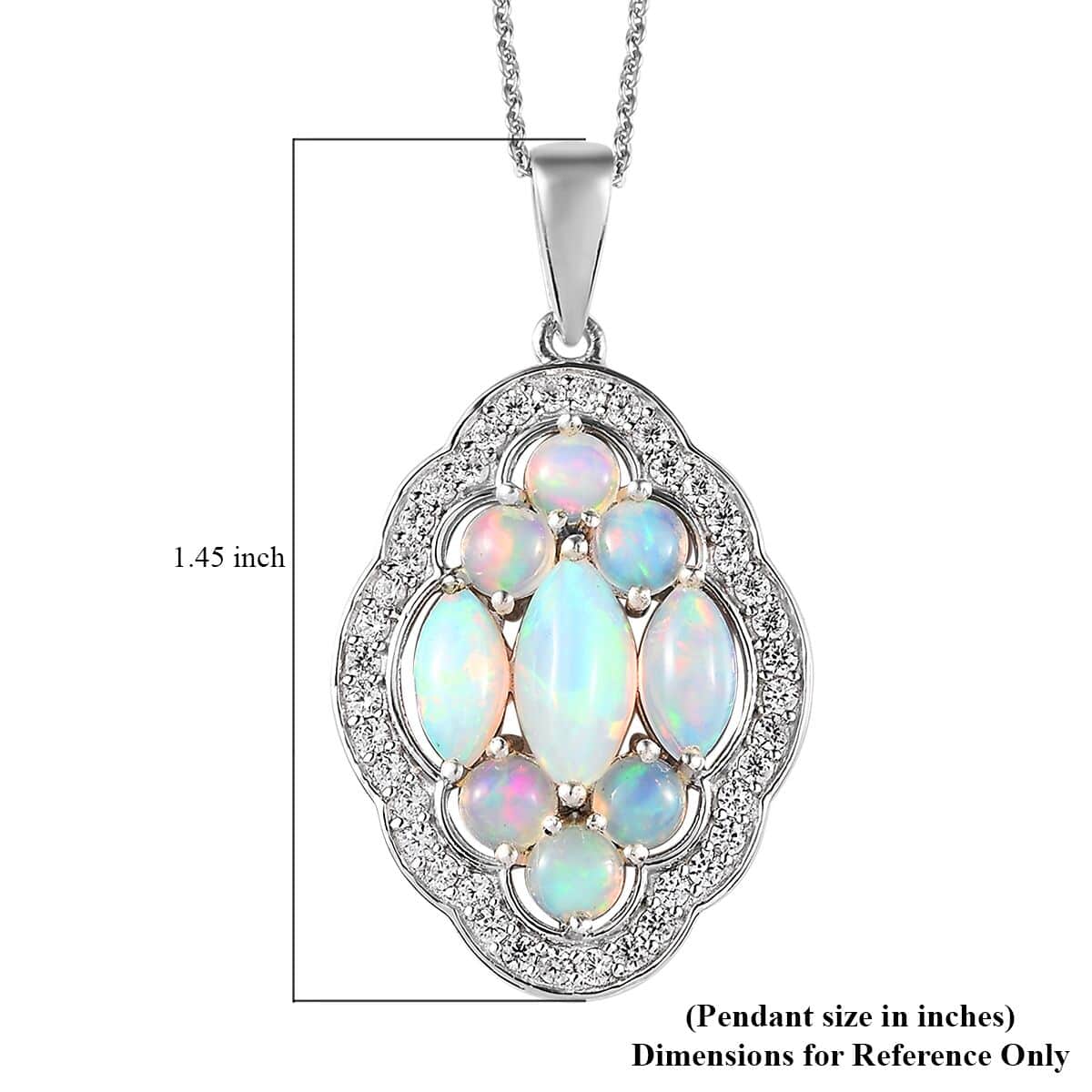 Premium Ethiopian Welo Opal and White Zircon Pendant Necklace 20 Inches in Platinum Over Sterling Silver 3.40 ctw image number 7