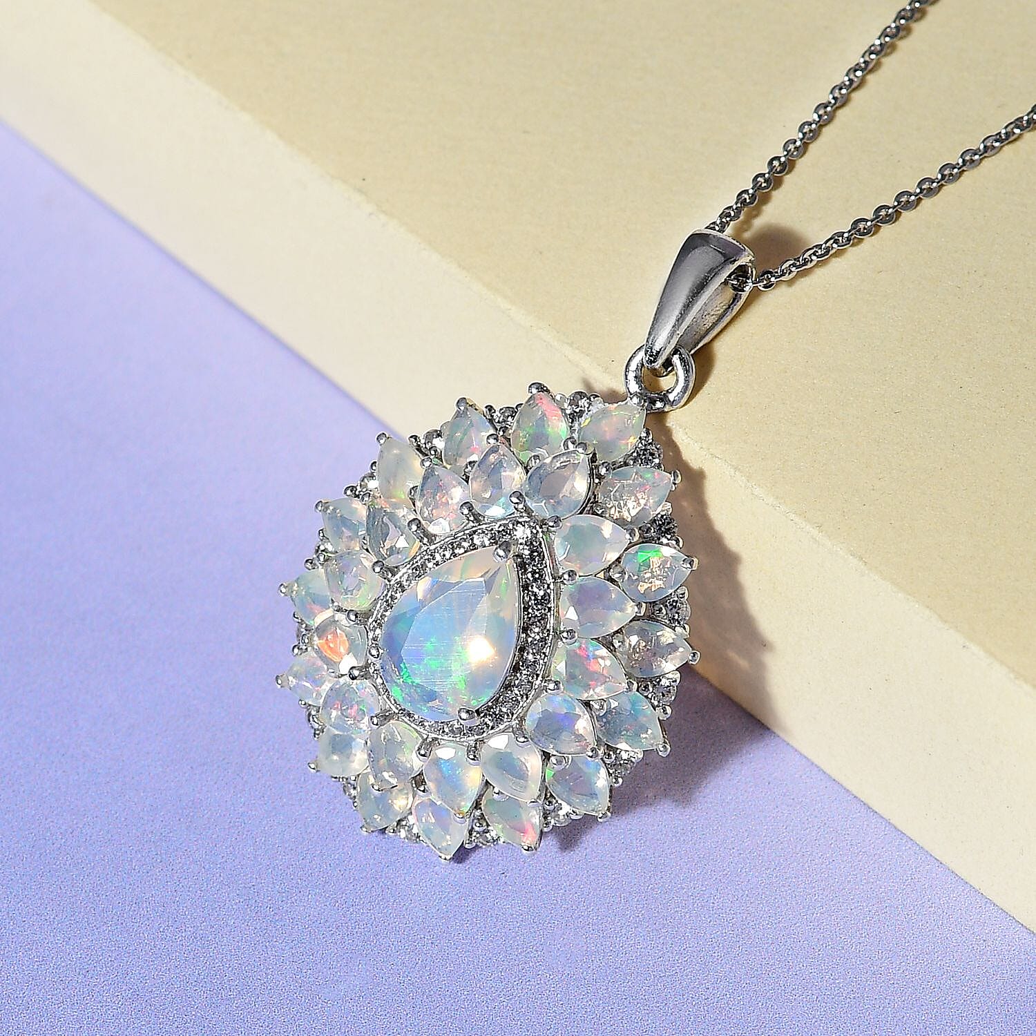 Premium Ethiopian Welo Opal and White Zircon Floral Pendant Necklace 20 Inches in Platinum Over Sterling Silver 4.35 ctw