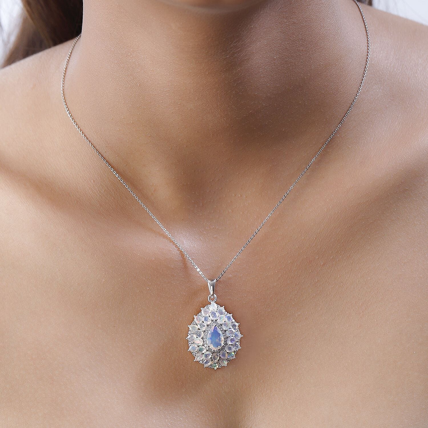 Premium Ethiopian Welo Opal and White Zircon Floral Pendant Necklace 20 Inches in Platinum Over Sterling Silver 4.35 ctw