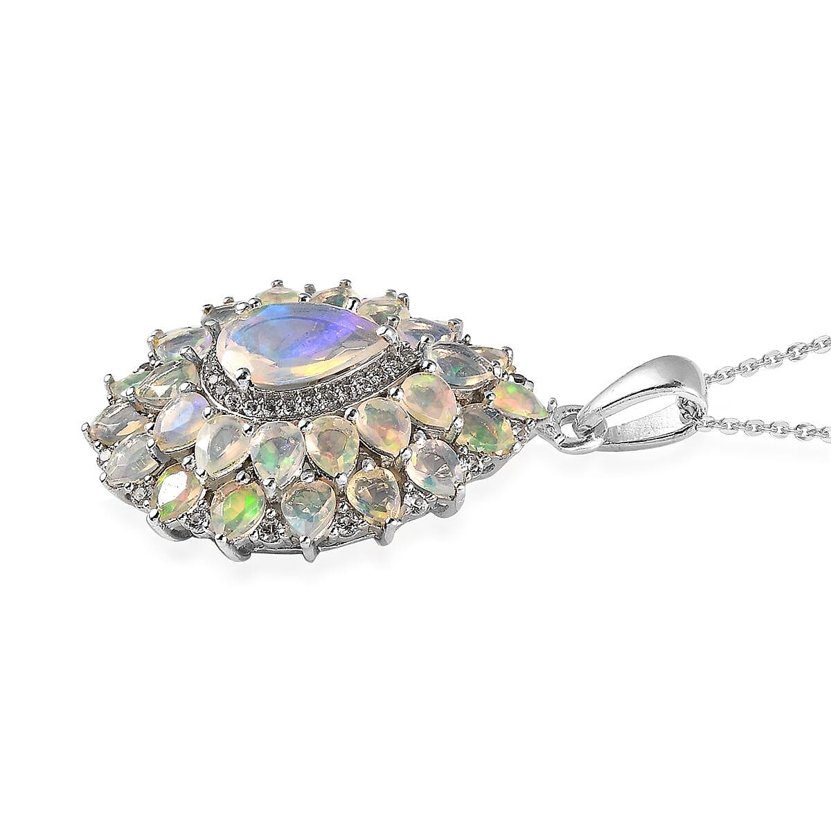 Premium Ethiopian Welo Opal and White Zircon Floral Pendant Necklace 20 Inches in Platinum Over Sterling Silver 4.35 ctw