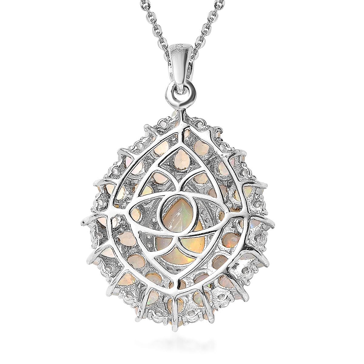 Premium Ethiopian Welo Opal and White Zircon Floral Pendant Necklace 20 Inches in Platinum Over Sterling Silver 4.35 ctw