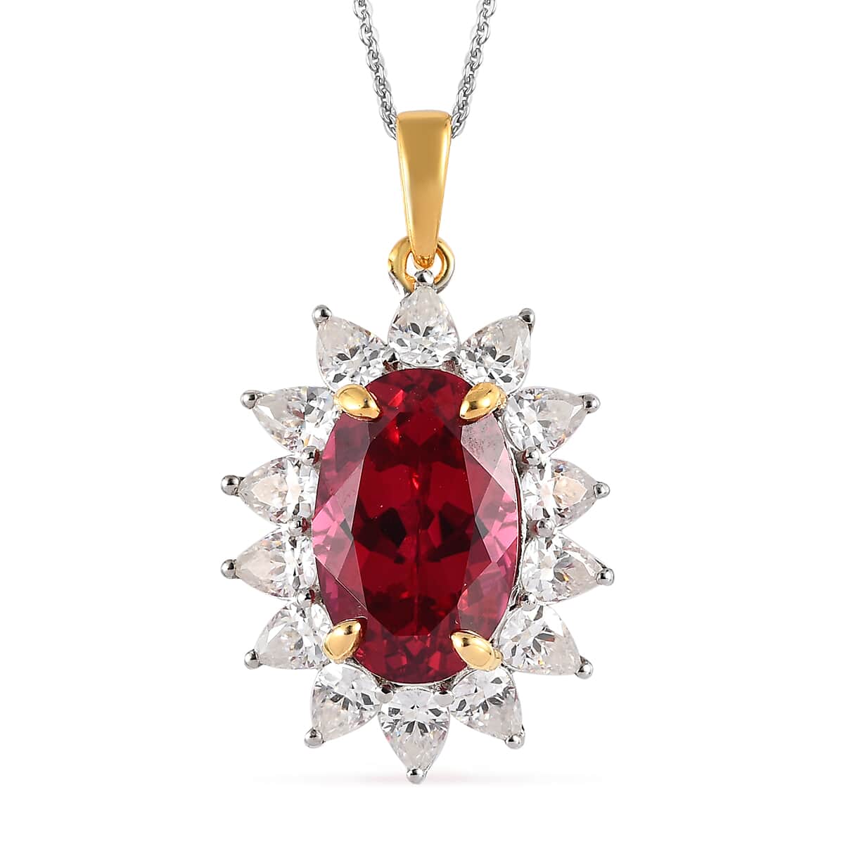 Lab Created Padparadscha Sapphire and Moissanite Sunburst Pendant Necklace 20 Inches in Vermeil YG and Platinum Over Sterling Silver 7.60 ctw image number 0