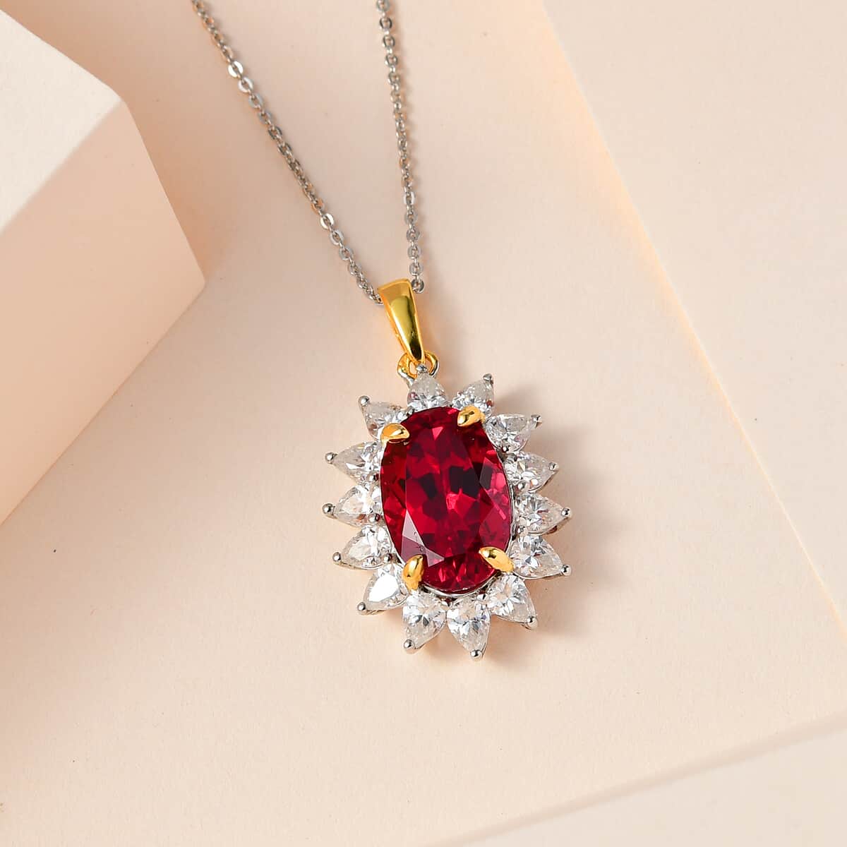 Lab Created Padparadscha Sapphire and Moissanite Sunburst Pendant Necklace 20 Inches in Vermeil YG and Platinum Over Sterling Silver 7.60 ctw image number 1