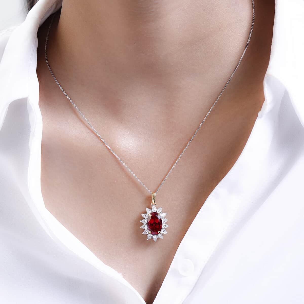 Lab Created Padparadscha Sapphire and Moissanite Sunburst Pendant Necklace 20 Inches in Vermeil YG and Platinum Over Sterling Silver 7.60 ctw image number 2