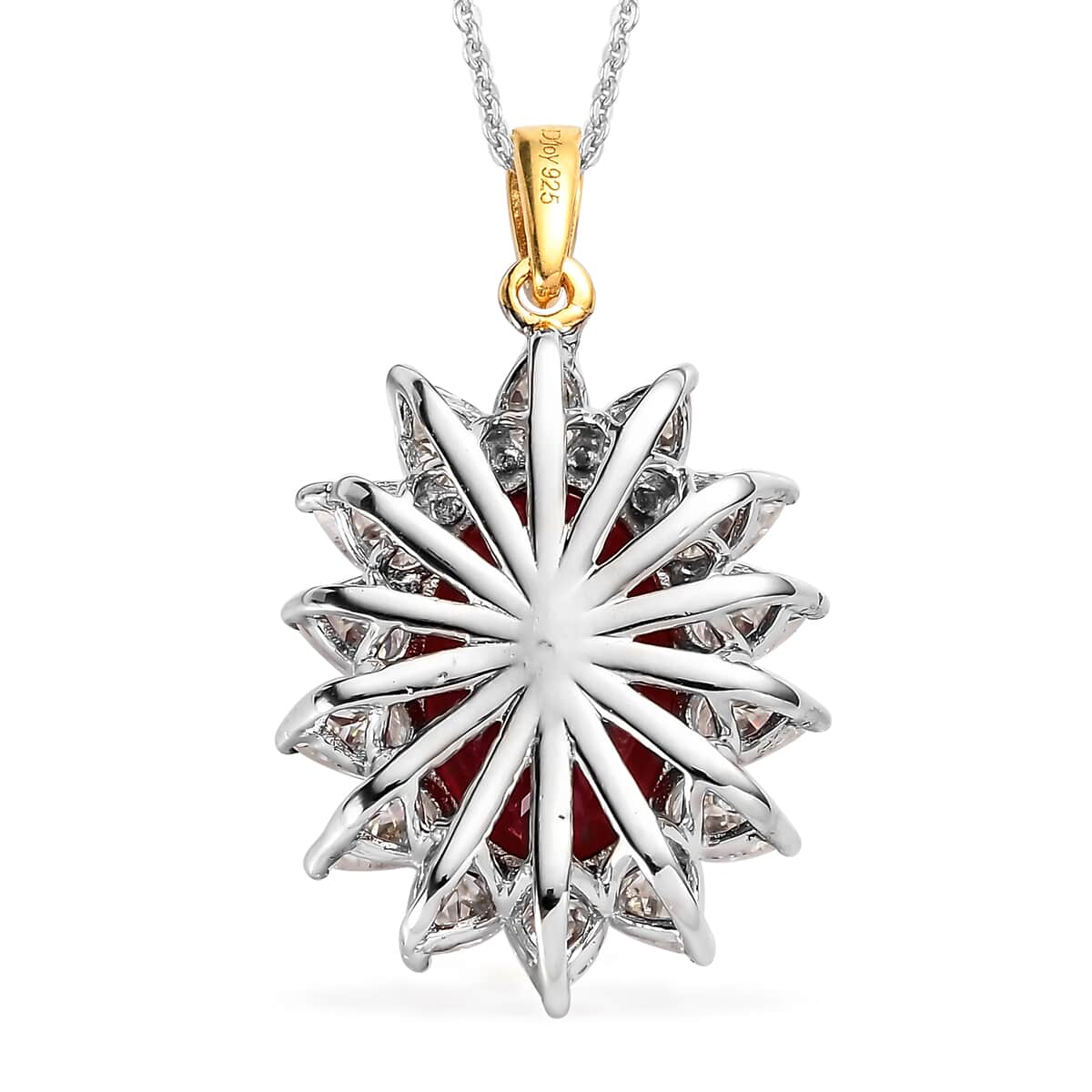 Lab Created Padparadscha Sapphire and Moissanite Sunburst Pendant Necklace 20 Inches in Vermeil YG and Platinum Over Sterling Silver 7.60 ctw image number 4