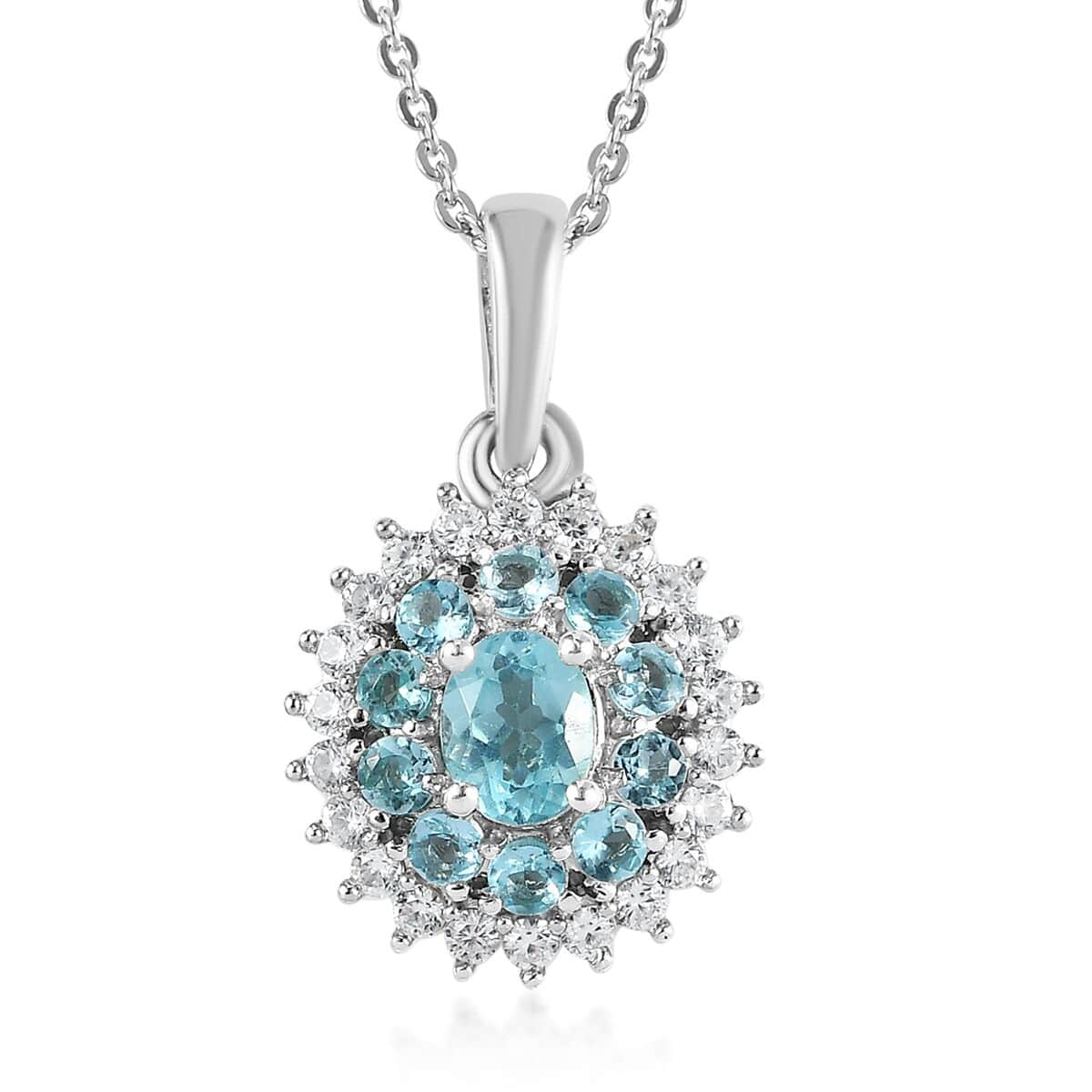 Madagascar Paraiba Apatite and White Zircon Cocktail Pendant Necklace 20 Inches in Platinum Over Sterling Silver 1.15 ctw image number 0