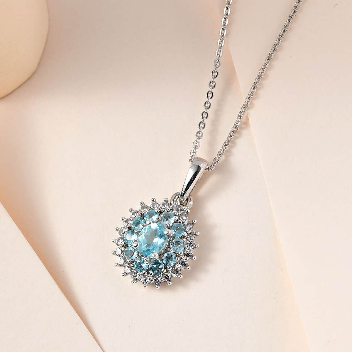 Madagascar Paraiba Apatite and White Zircon Cocktail Pendant Necklace 20 Inches in Platinum Over Sterling Silver 1.15 ctw image number 1