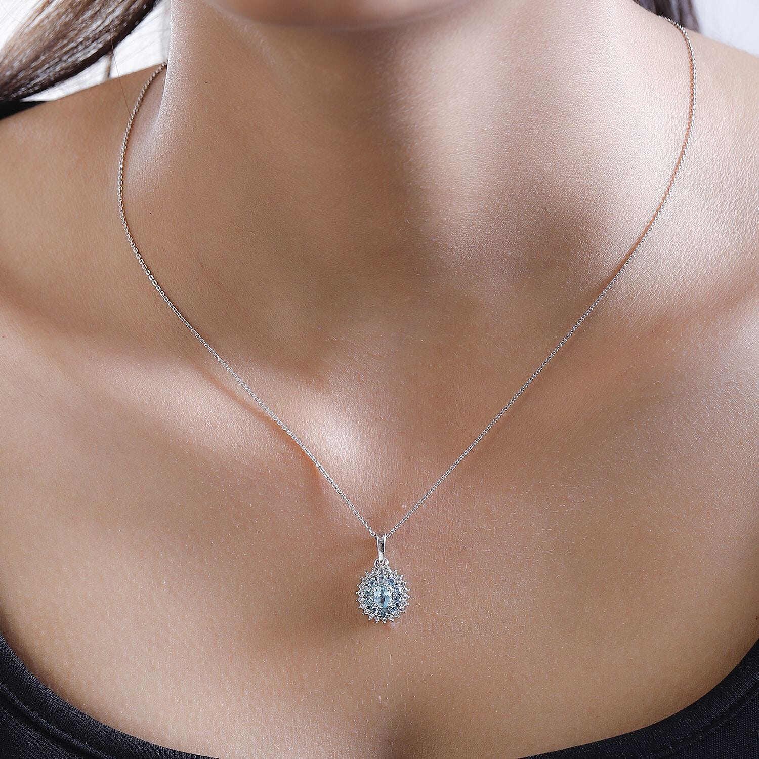 Madagascar Paraiba Apatite and White Zircon Cocktail Pendant Necklace 20 Inches in Platinum Over Sterling Silver 1.15 ctw