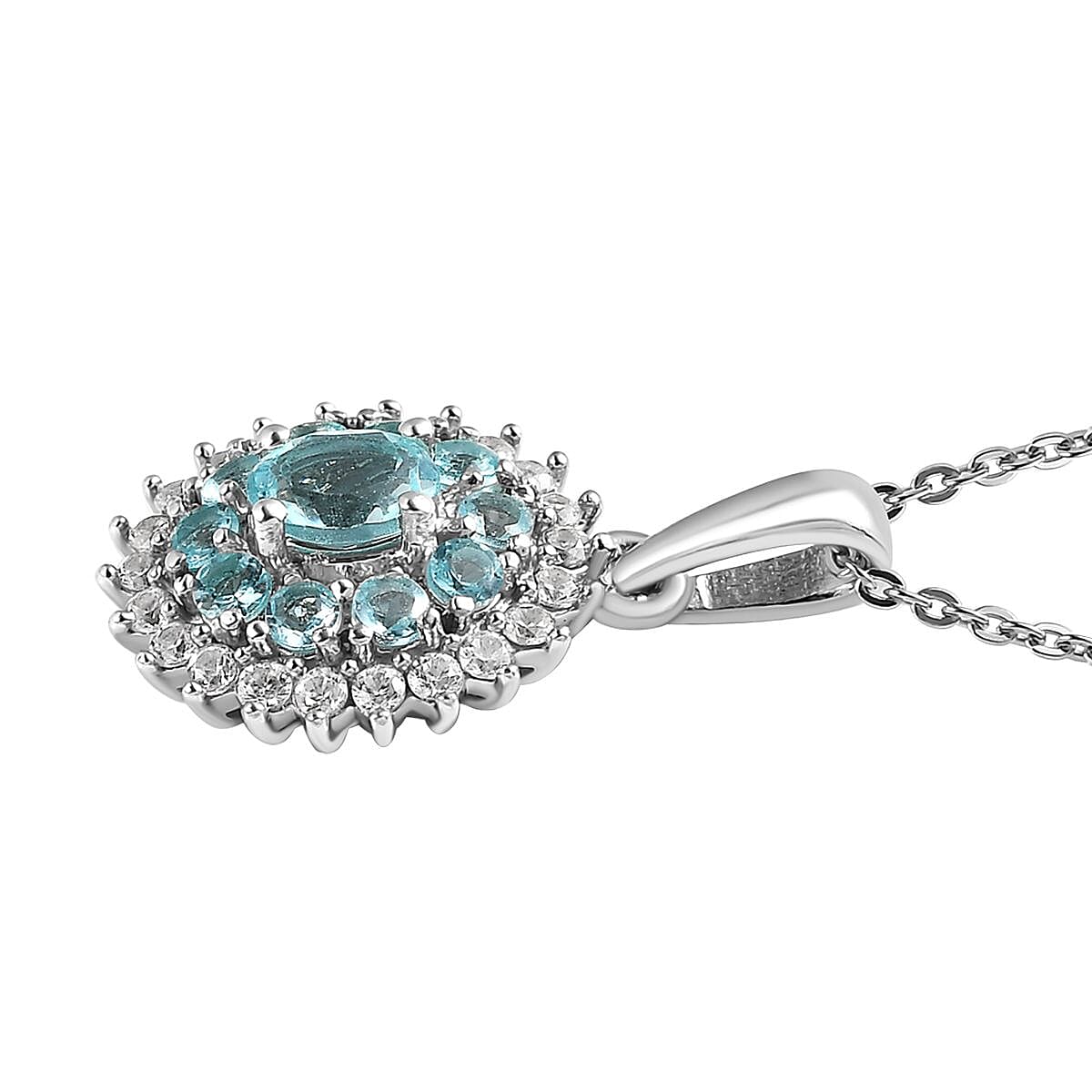 Madagascar Paraiba Apatite and White Zircon Cocktail Pendant Necklace 20 Inches in Platinum Over Sterling Silver 1.15 ctw