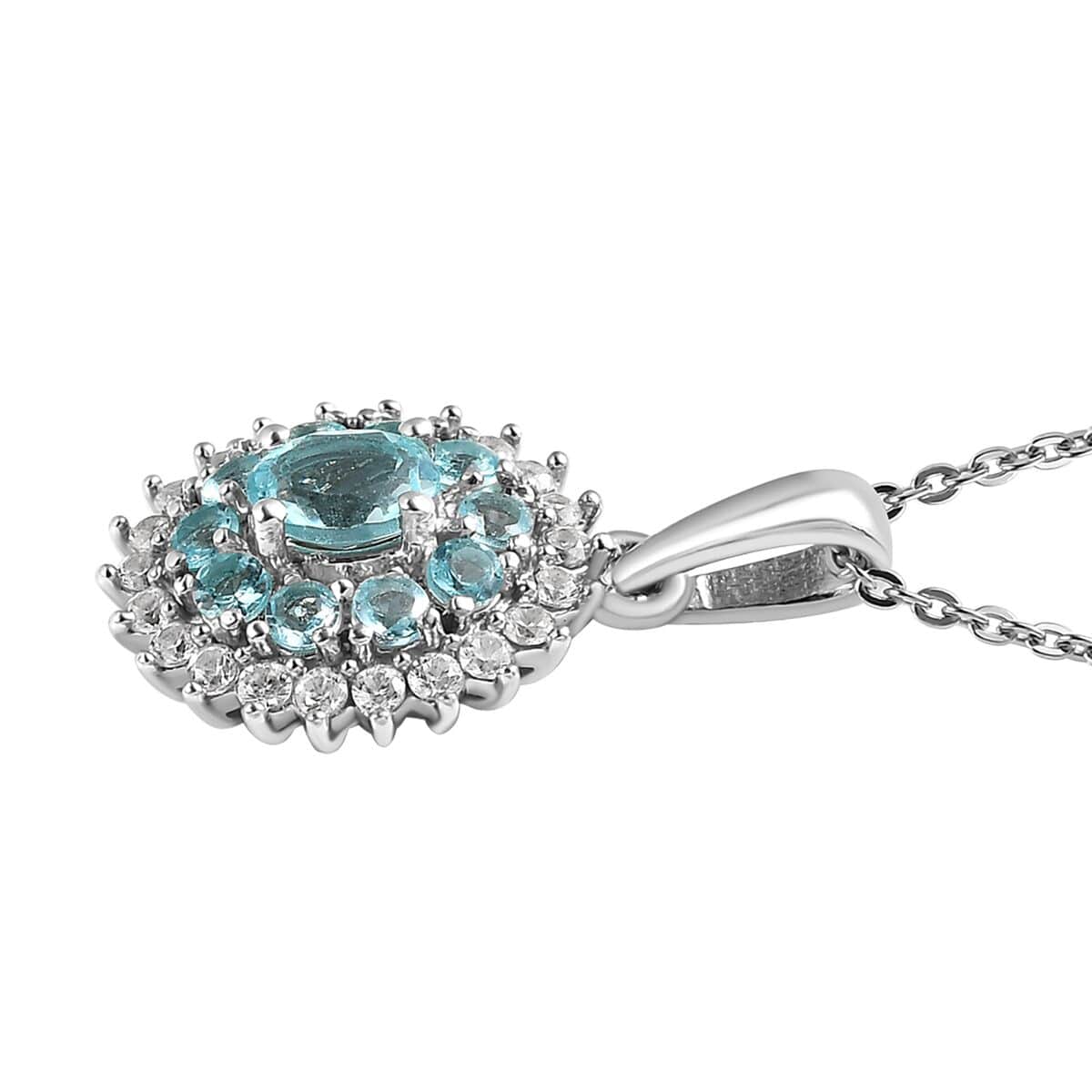 Madagascar Paraiba Apatite and White Zircon Cocktail Pendant Necklace 20 Inches in Platinum Over Sterling Silver 1.15 ctw image number 3