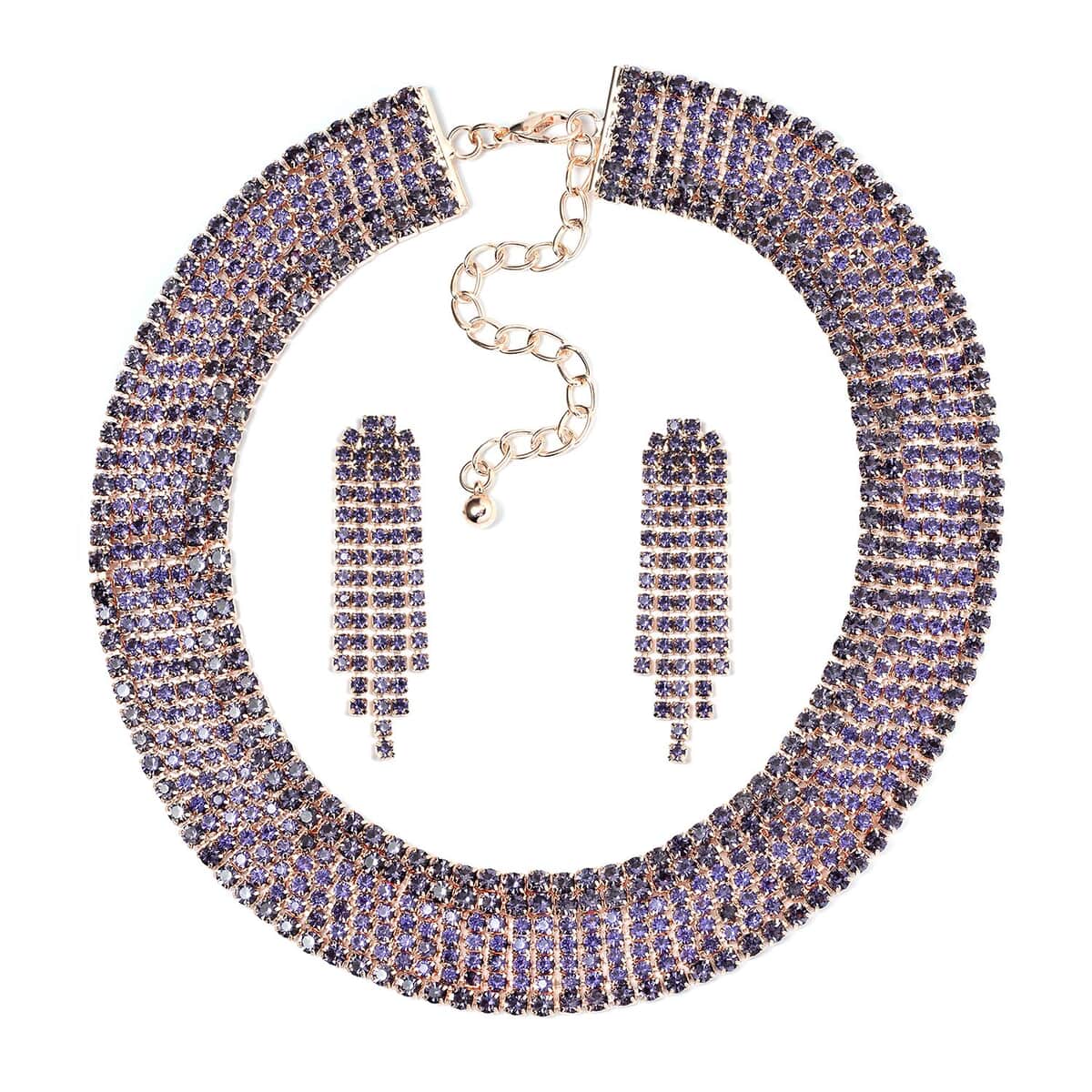 TLV Purple Austrian Crystal Necklace (18-22 Inches) and Earrings in Rosetone image number 0