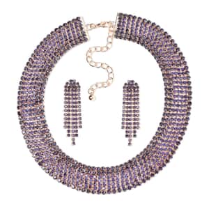 Purple Austrian Crystal Necklace 18-22 Inches and Earrings in Rosetone