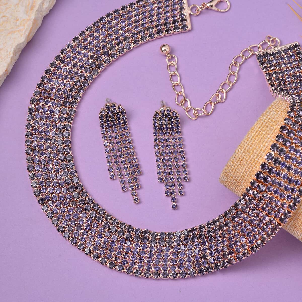 TLV Purple Austrian Crystal Necklace (18-22 Inches) and Earrings in Rosetone image number 1