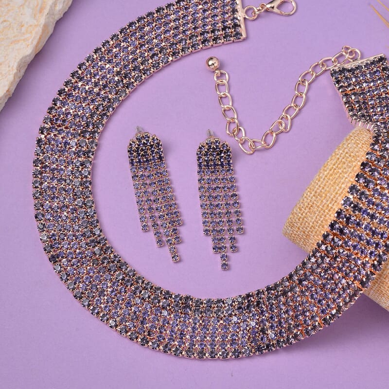 Purple Austrian Crystal Necklace 18-22 Inches and Earrings in Rosetone