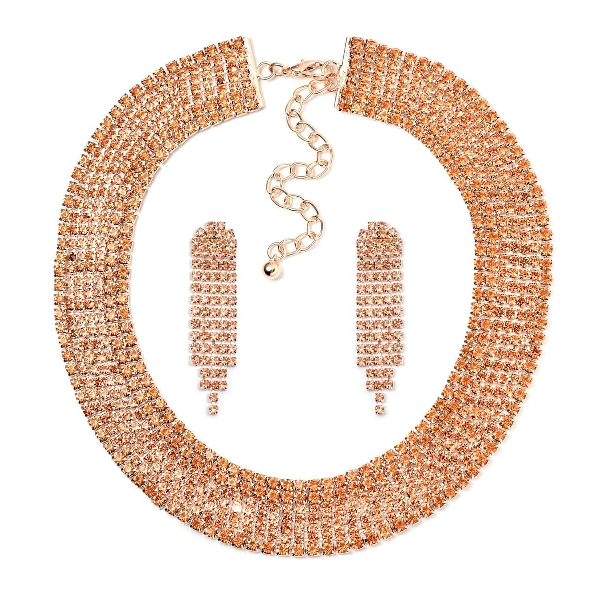 Peach Color Austrian Crystal Necklace and Earrings in Rosetone 18-22 Inches image number 0