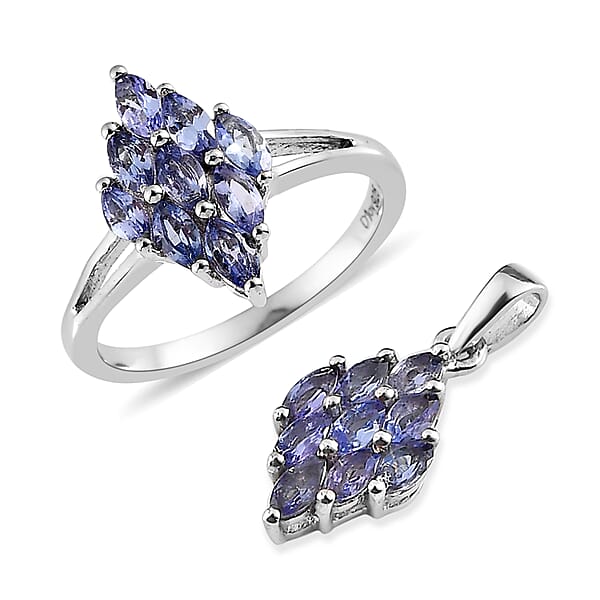Tanzanite Cluster Ring (Size 10.0) and Pendant in Platinum Over Sterling Silver 1.75 ctw