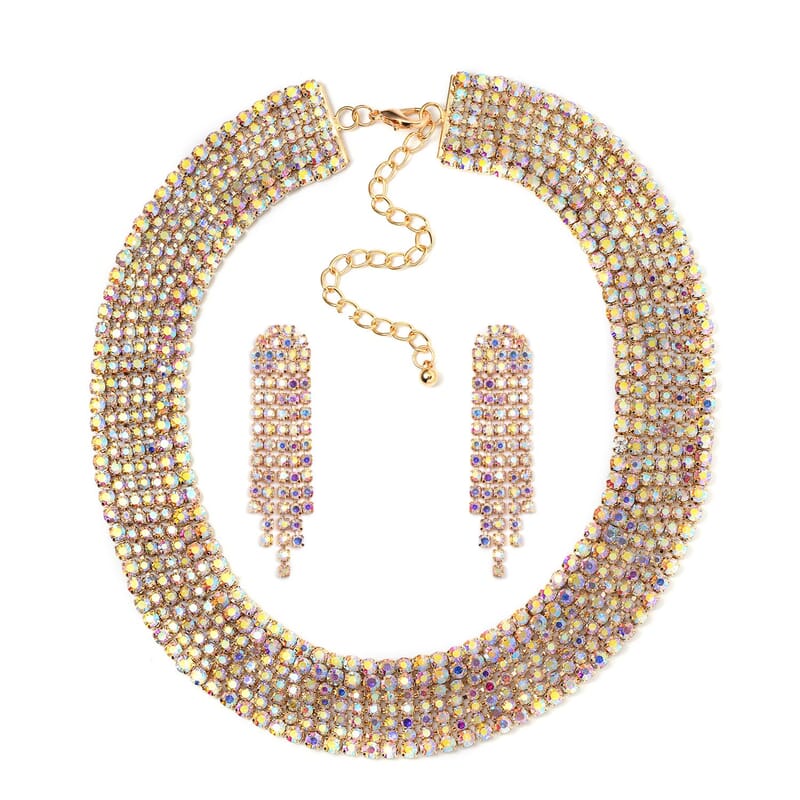 Aurora Borealis Austrian Crystal Necklace 16-20 Inches and Earrings in Goldtone